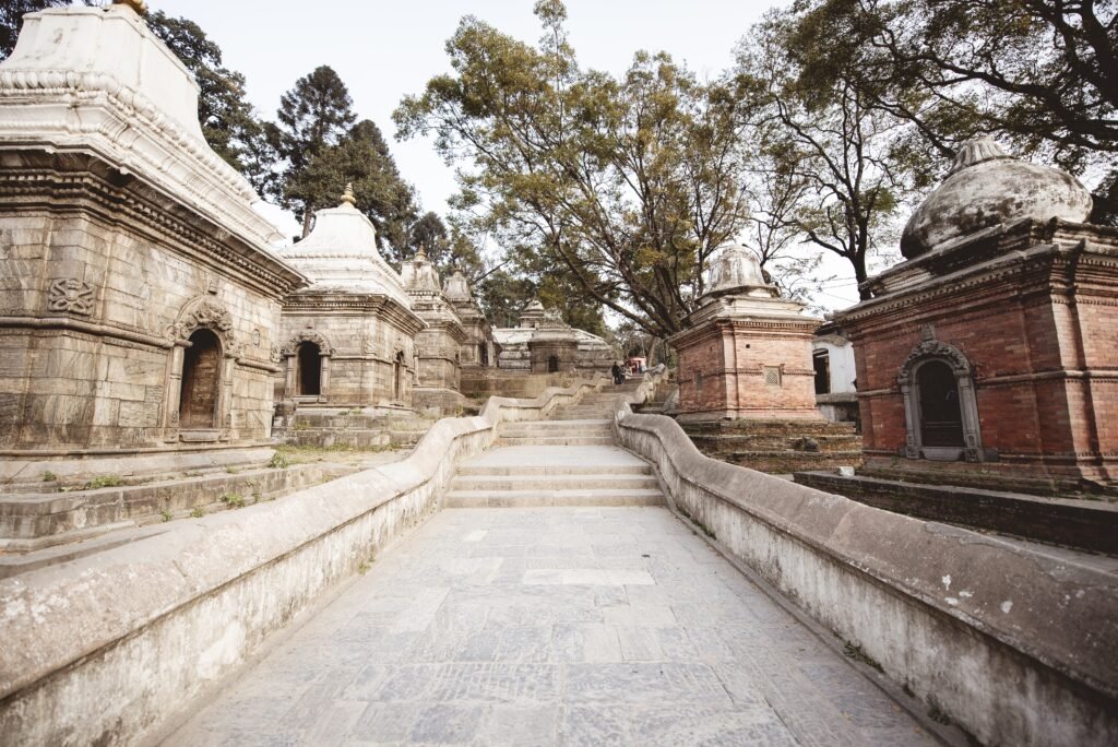 A staircase in the middle of small structures at a Hindu